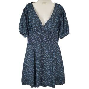Pam & Gela Blue Floral Babydoll Short Sleeves Silk Dress Size Small Cottage Core